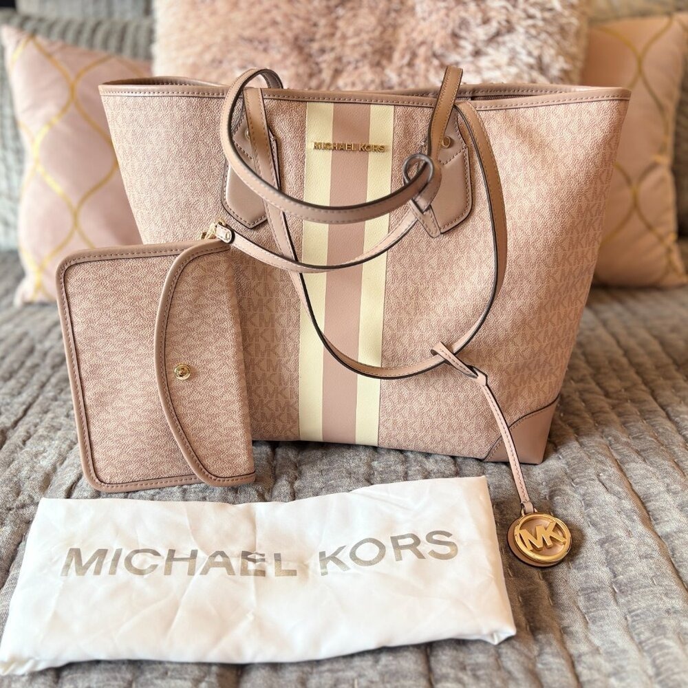 Michael Kors Eva Large Travel Tote Blush Pink Stripe + Pouch NWOT